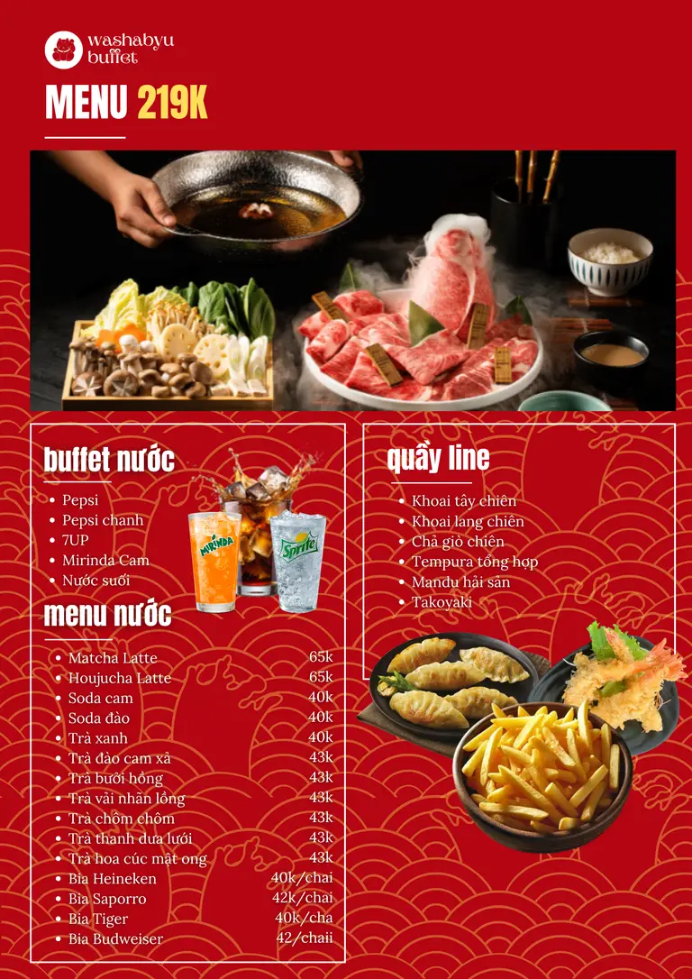 Japanese hotpot simulation showing meat cuts and side ingredient options in red theme