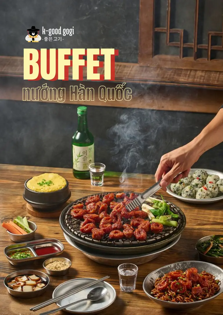 Korean grill buffet hero simulation emphasizing grilled dish as first visual cue